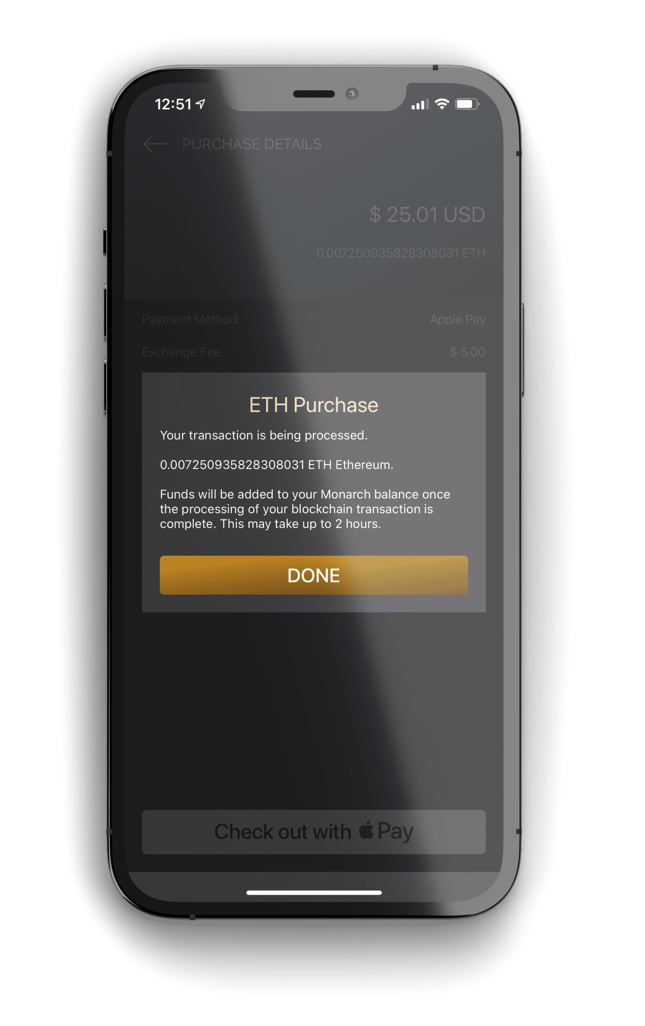 Monarch Wallet ETH Confirmation Purchase Screen Monarch Wallet ETH Confirmation Screen