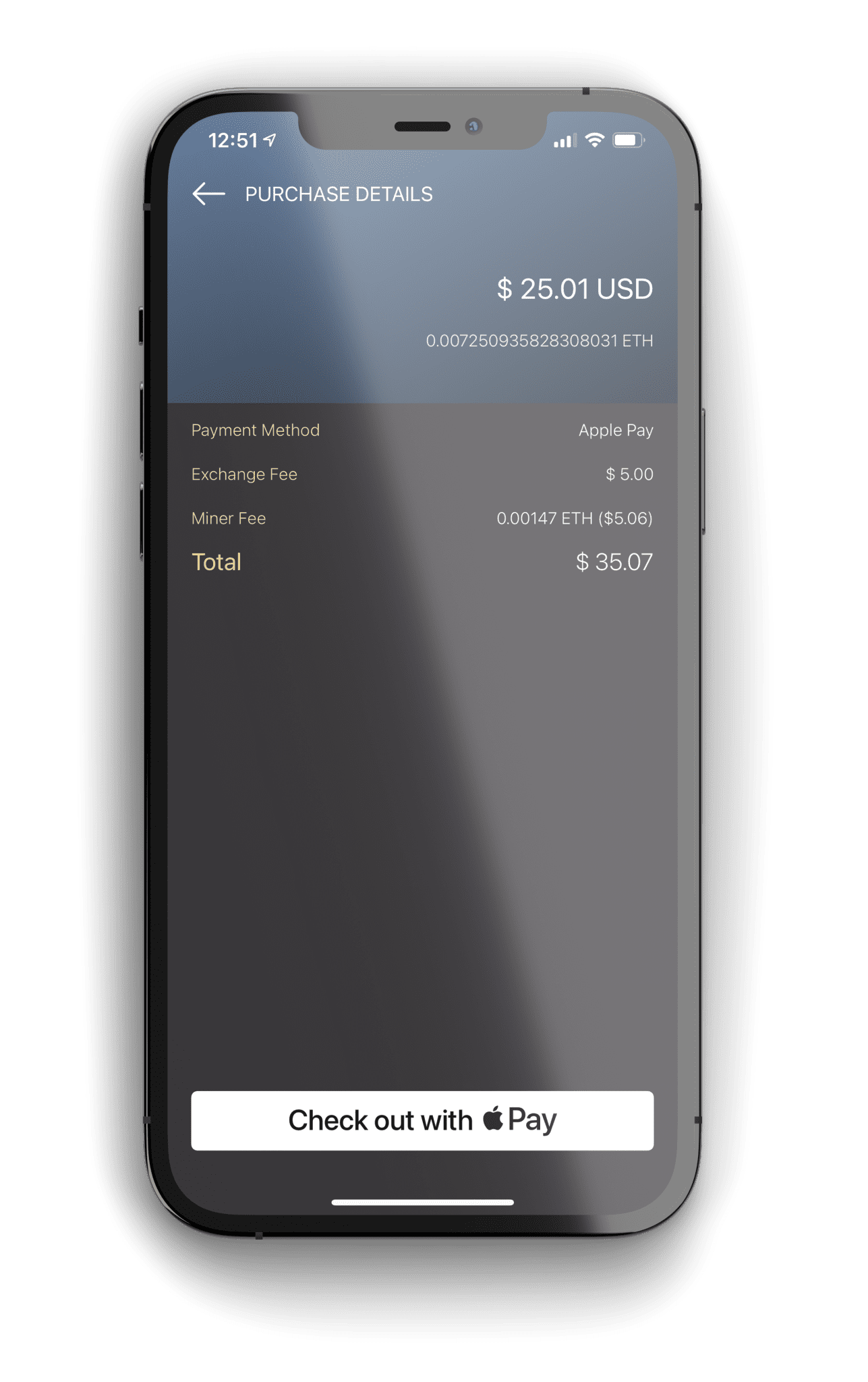 Monarch Wallet ETH apple Pay screen Apple Pay ETH Purchase Screen on Monarch Wallet
